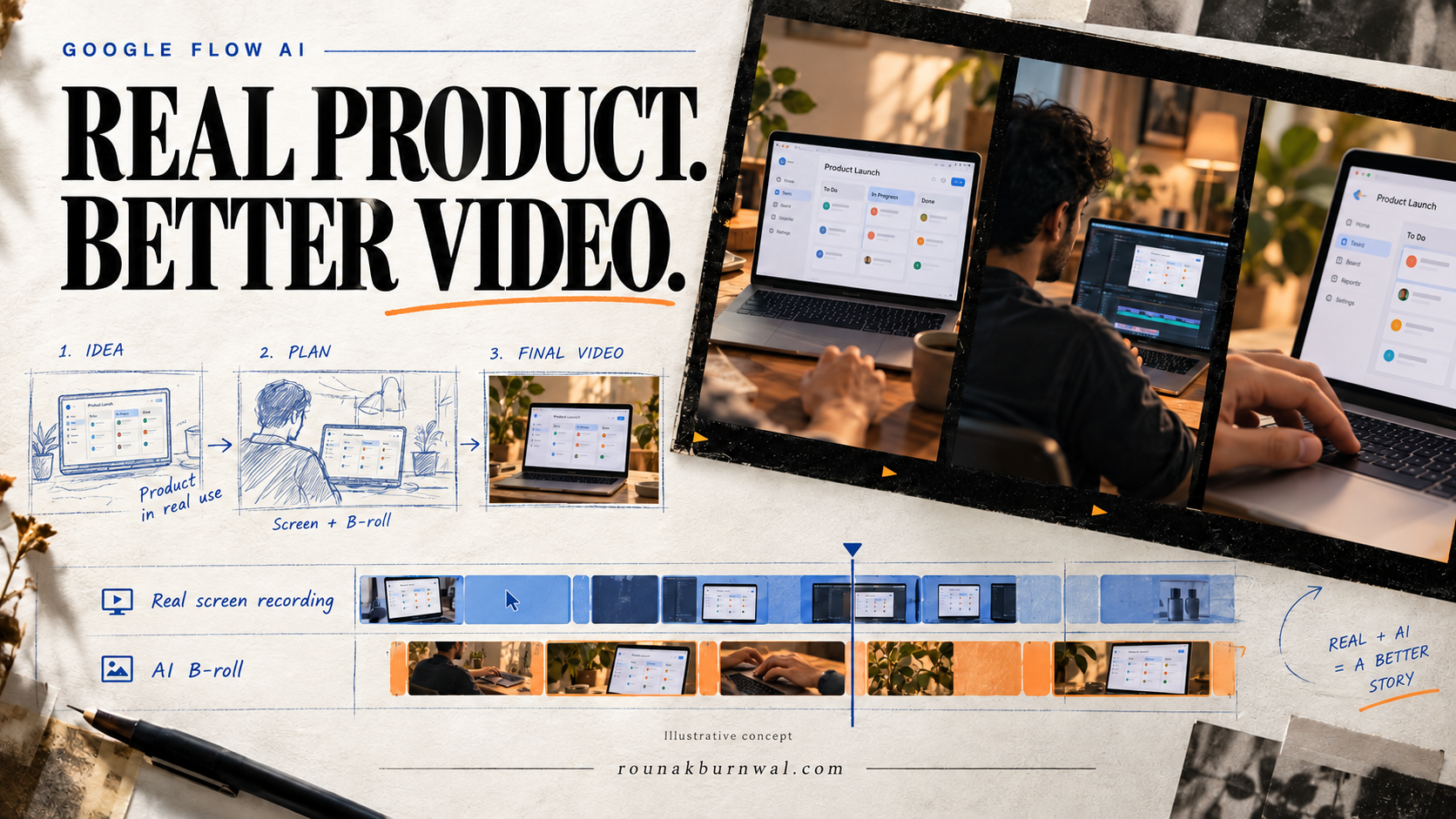 Illustrative software-demo storyboard and editing timeline combining real screen recordings with AI-generated B-roll.