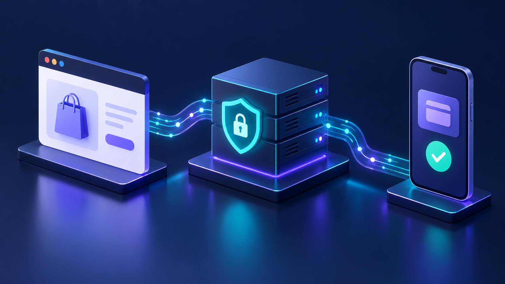 Conceptual illustration of a web storefront connected to a protected backend server and a mobile payment confirmation.
