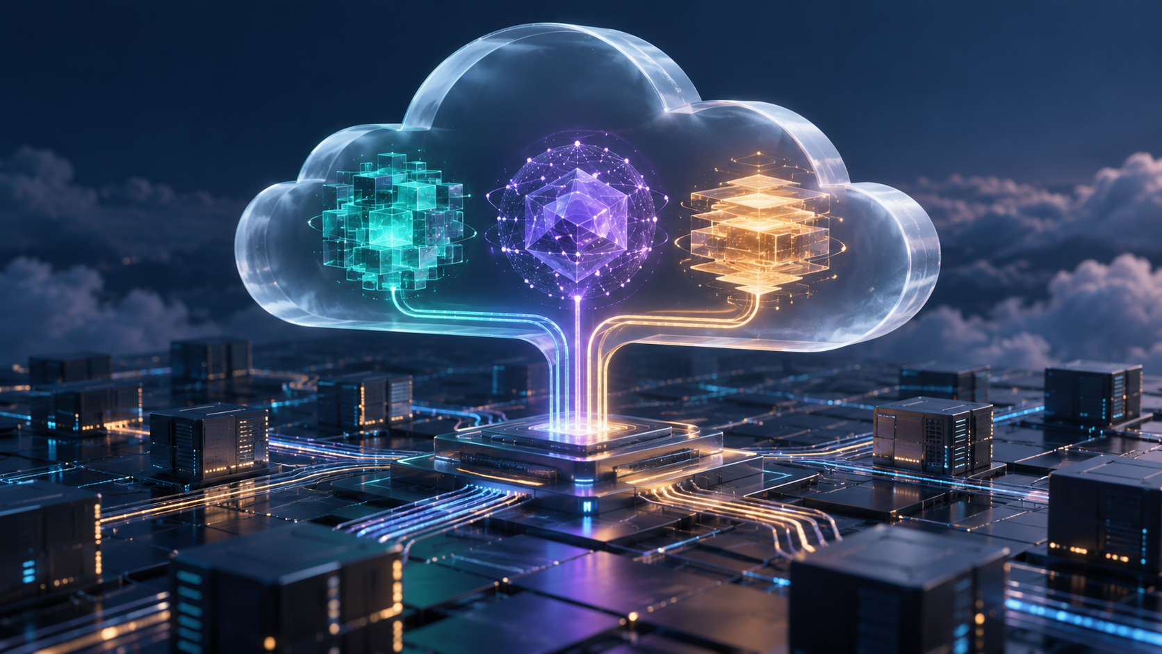 Conceptual cloud infrastructure connecting three AI model cores through a shared routing layer.