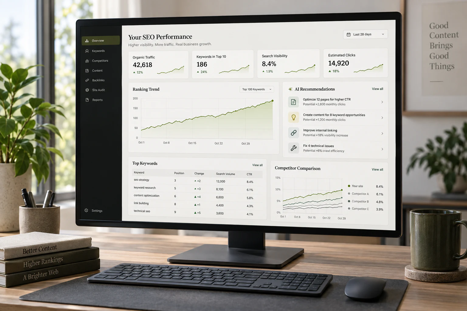 Illustrative SEO intelligence dashboard displayed on a desktop monitor.